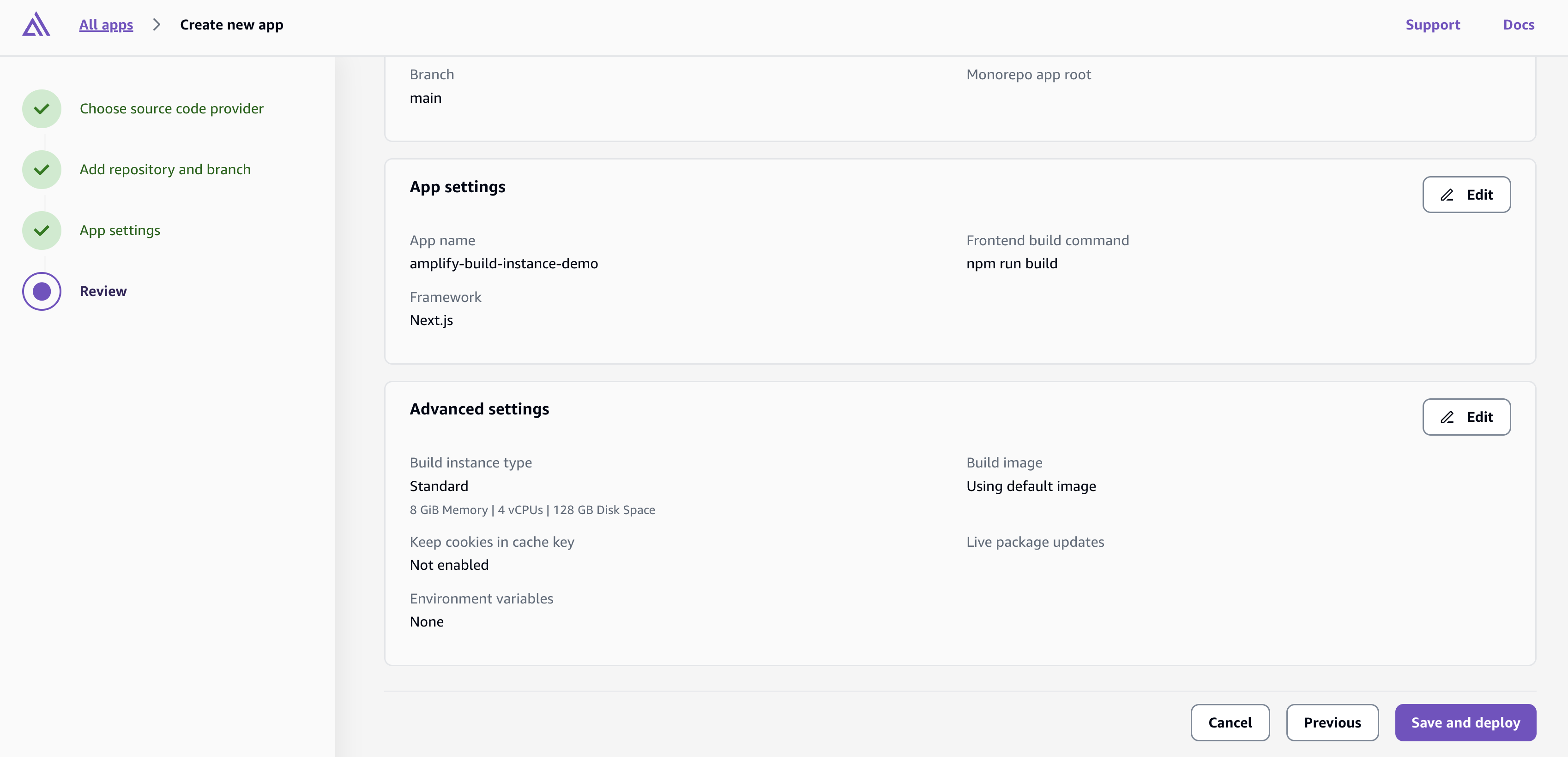 Screenshot of the review page in Amplify Hosting